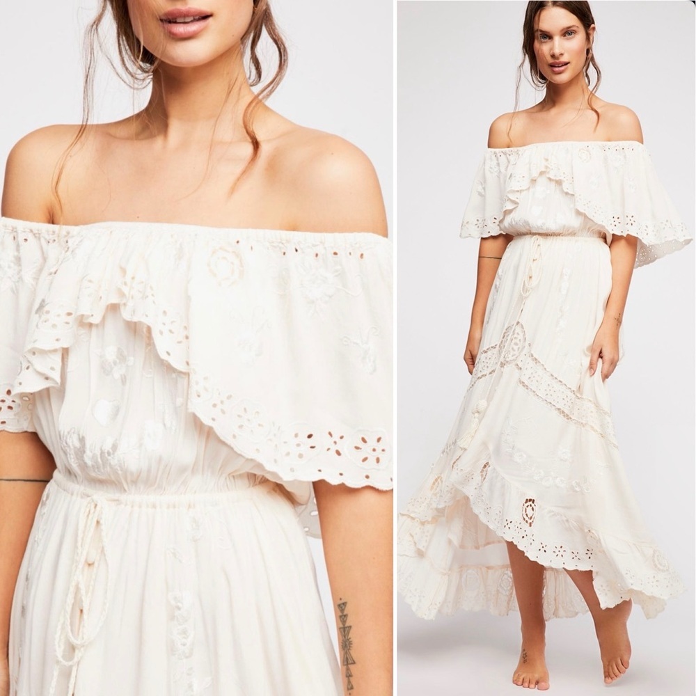 Free People Tambourine Off Shoulder Maxi Dress Large Blush Pink Boho Ethereal